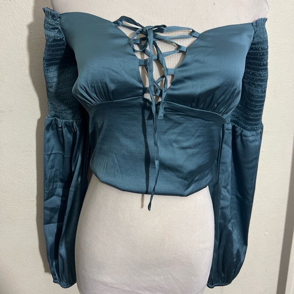 Guess Blue Lace-Up Off-Shoulder Blouse blue dating top size small crop blouse - Picture 3 of 7